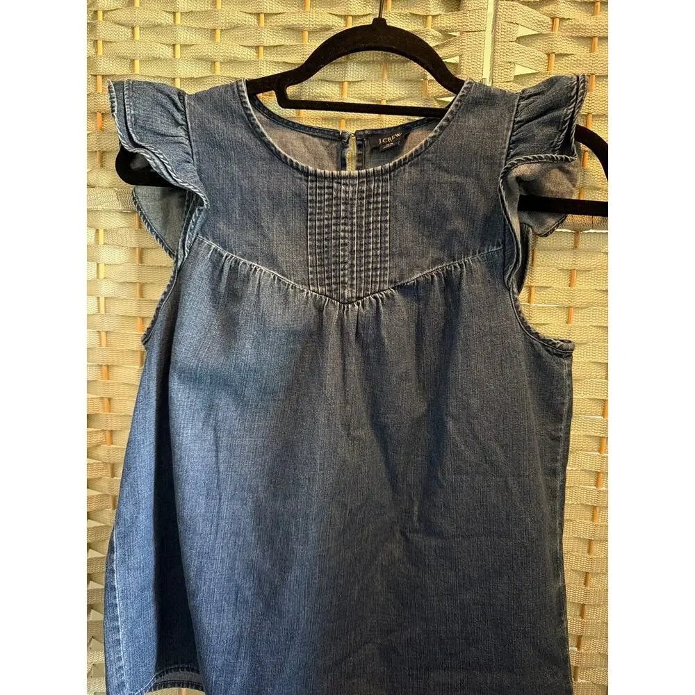 J. Crew Factory Chambray Pleated Ruffle Sleeves Top Blue XS Crew Neckline